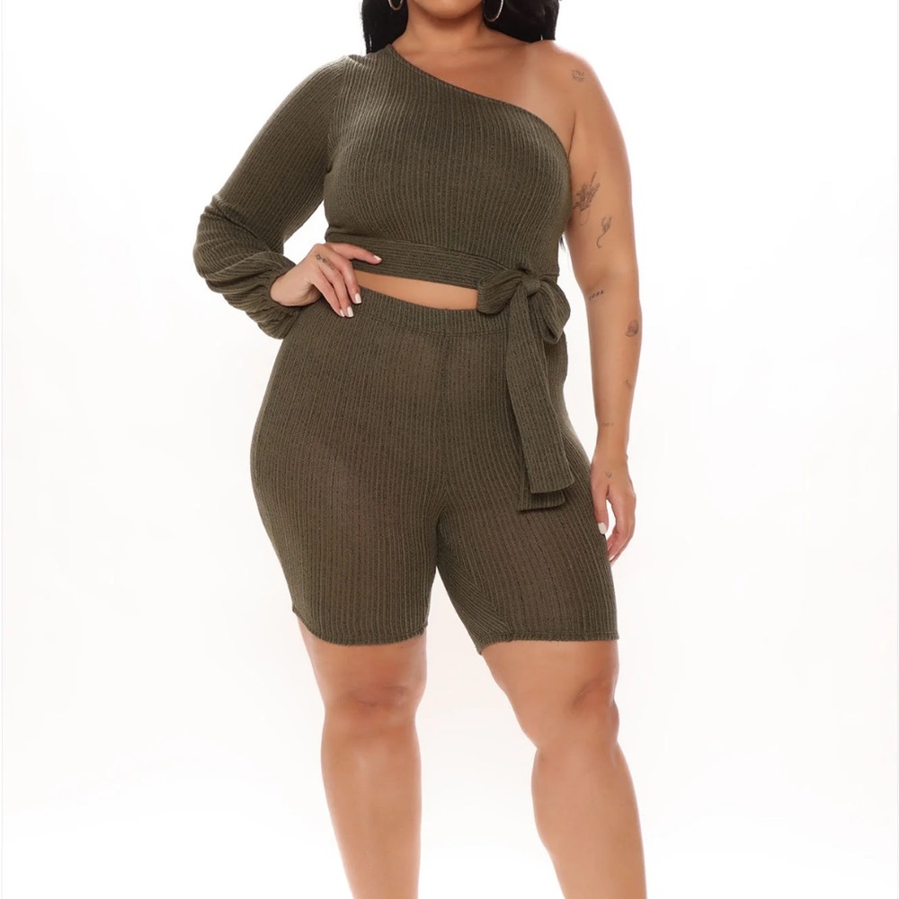 Olive Green Ribbed Bike Shorts High-Waisted Set